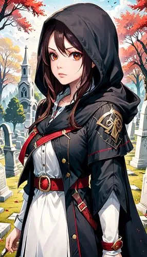 LAura Prepon as assassins creed stands in a cemetery, dressed in a black hooded cloak and a white outfit with brown accents. She is wearing a red belt . Her gaze is directed off to the side.,morag,fuk