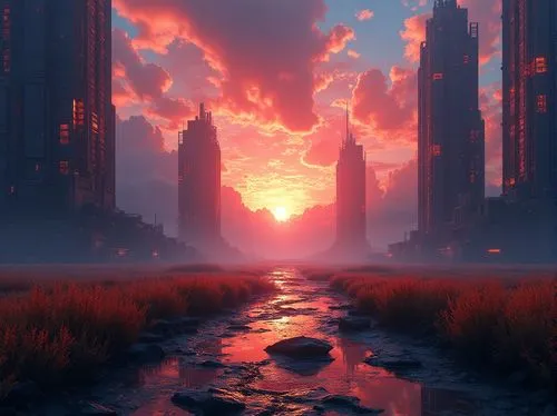 futuristic landscape,dusk,fantasy landscape,post-apocalyptic landscape,sentinels,extrasolar