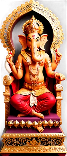 Ganapati idol, Indian deity, vibrant colors, intricate carvings, golden crown, red skin tone, four arms, serpent around neck, ornate throne, soft focus, shallow depth of field, warm lighting, cinemati