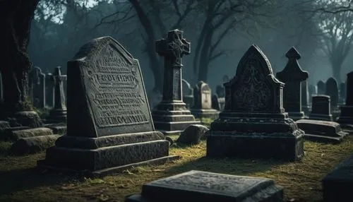 A dark and spooky cemetery, ancient tombs where countless ghosts are buried. The tombstones are engraved with traces of old dust and time, revealing a mysterious and terrifying atmosphere.,grave stone