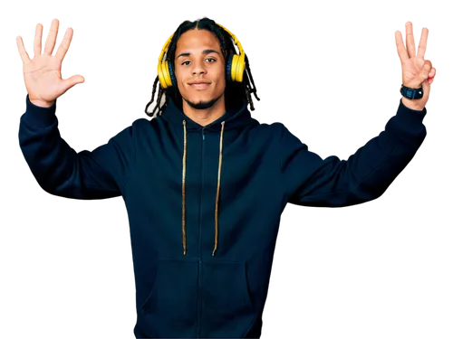 DJ, male, young adult, black hoodie, gold chain, dreadlocks, confident expression, hands raised, microphone, speakers, turntable, vinyl records, dark background, neon lights, dynamic composition, high