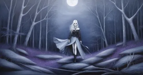 a painting of a woman with white hair and long black hair standing in front of trees,the snow queen,white rose snow queen,isoline,wodrow,celeborn,finrod,sephiroth,eternal snow,mirkwood,patronus,hecate