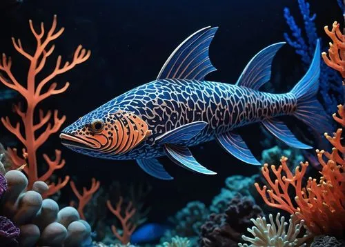 Ichthyus, underwater creature, scaly skin, sharp fins, glowing bioluminescent spots, shimmering iridescent tail, coral reef, seaweed, ocean floor, dark blue water, mysterious ambiance, cinematic light