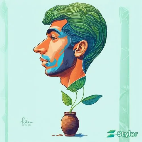 A cabeça de um homem jovem, de perfil, está brotando de uma planta plantada em um vaso,a drawing of a man with green hair and a flower,novruz,zulic,persian poet,iranian nowruz,balayogi,alireza,3D,Isom