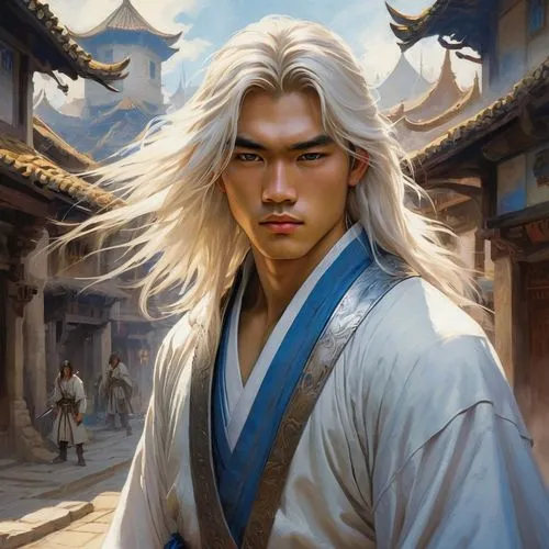 handsome asian teenager with long whte hair, blue eyes, white and blue robes, two swords, fantasy medieval city,toshiie,rongfeng,khenin,tiancheng,yunxia,yifu,yuhuan,raiden,hanfu,joseon,yunhuan,seregil