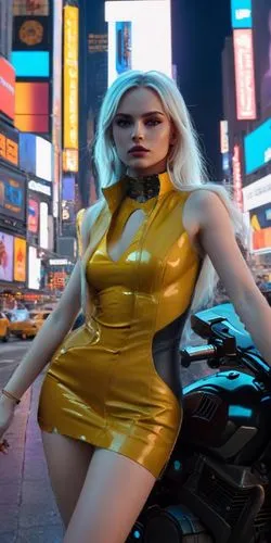 ((cyberpunk style)), Hi-Tech city, mechanical enhancement, (high-tech fantasy), robotics, blade runner 2049, prompts: a young blonde, captivating blue eyes, long honey-colored hair down to her waist, 