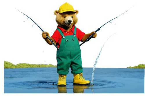 Cartoon bear, fishing rod, happy expression, blue eyes, yellow hat, red shirt, green overalls, wading boots, holding fish, water splashing, sunny day, riverbank, 3/4 composition, vibrant colors, exagg