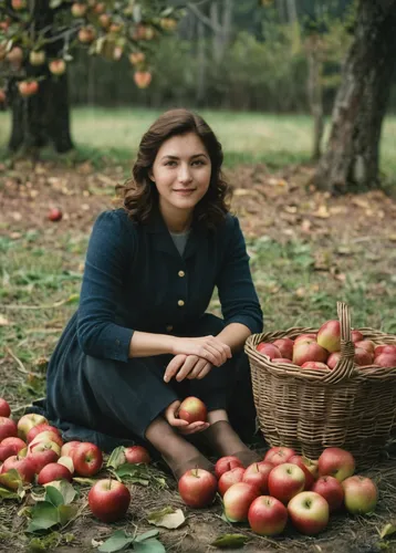 woman sitting beside basket of apples and apples on ground,picking apple,apple harvest,girl picking apples,apple picking,woman eating apple,apple orchard,apple plantation,basket of apples,apple trees,