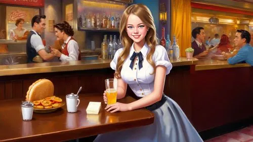 Romantic kitsch masterpiece oil painting, cute waitress girl portrait, 1 girl, classic 1950's style diner, nostalgic retro American vintage scenery, by Thomas Kinkade, high res,waitress,soda fountain,