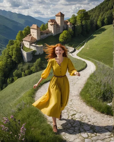 tuscan,sprint woman,piemonte,tuscany,little girl in wind,woman walking,campagna,sound of music,rapunzel,girl in a long dress,yellow jumpsuit,volterra,renaissance,florence,celtic woman,transylvania,italy,tanacetum balsamita,maureen o'hara - female,gracefulness,Photography,Fashion Photography,Fashion Photography 15