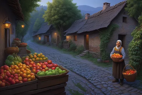 girl picking apples,apple harvest,fruit market,harvest festival,village shop,village life,greengrocer,cart of apples,basket of apples,fruit stand,grocer,village scene,apple mountain,medieval street,mountain village,autumn chores,grape harvest,apples,farmer's market,merchant,Illustration,Realistic Fantasy,Realistic Fantasy 27