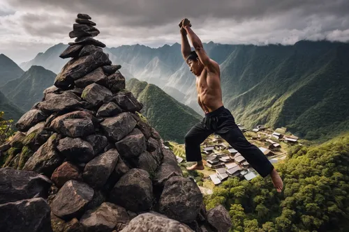 Picture Hanma Yujiro showcasing his incredible strength by effortlessly lifting a mountain peak during a peaceful morning in a remote village.,free solo climbing,rock climber,alpine climbing,mountain 