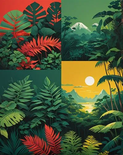 ((Artistic style by Philippe Caza)) ((artistic style by Atey Ghailan. ))

packaging

Dominant colors are green and earthy tones, reflecting the jungle theme. Bright, contrasting colors like yellow and