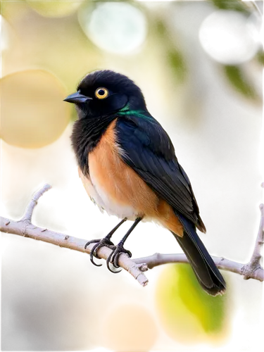 Small bird, perched on branch, green feathers, bright round eyes, tiny beak, fluffy chest, delicate legs, miniature wings, morning sunlight, soft focus, shallow depth of field, warm color tone, 3/4 co