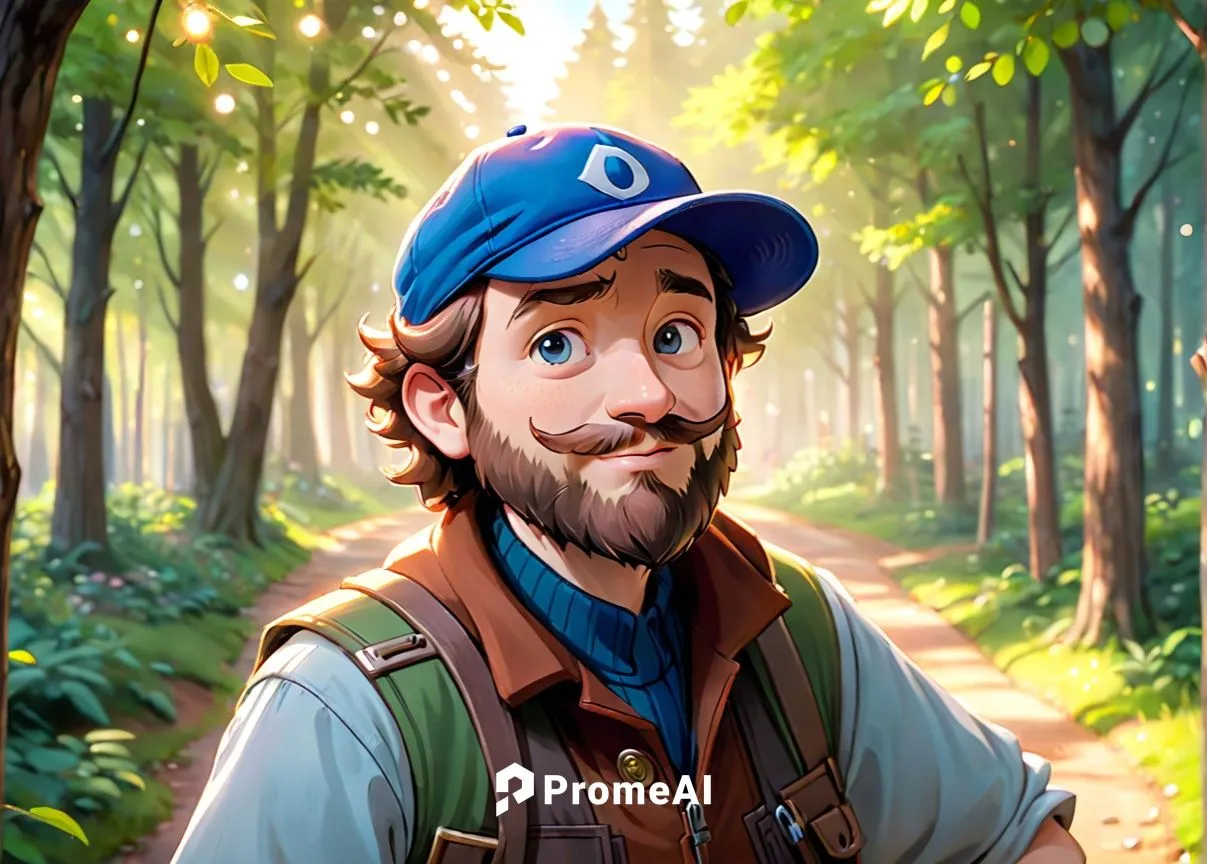 A 40 year old man, he is a forester, he is wearing a blue cap with a logo on it, his beard is chesnuts colored, he is wearing forester clothes green and brown colored, he has a few rickles on his face