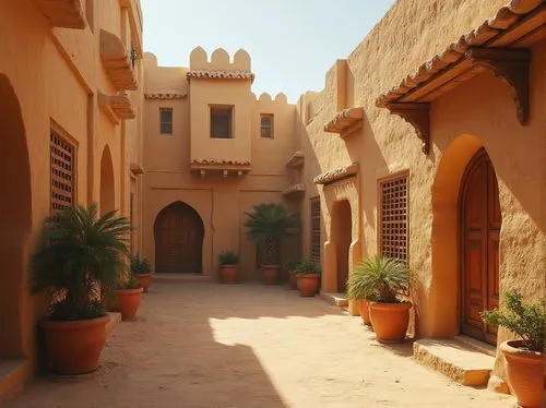 Sand-colored adobe walls, rustic texture, desert landscape, Middle Eastern architecture, ancient mud huts, worn wooden doors, intricately carved windows, lantern-like roof structures, serene courtyard