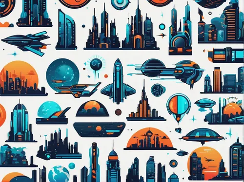 space ships,spaceships,seamless pattern,city cities,city skyline,futuristic landscape,cities,vector pattern,sci fi,star wars,alien world,mobile video game vector background,background pattern,metropolises,sci - fi,sci-fi,alien planet,sci fiction illustration,retro pattern,fantasy city,Unique,Design,Sticker