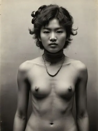 A man with a naked upper body. Make the motif look like a pioneer photograph, as if it had been photographed by Félix Tournachon (Nadar) as a long exposure.,a very   posing for the camera,vintage asia