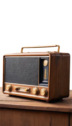 Retro radio, old fashioned, wooden casing, golden knobs, vintage buttons, dusty surface, scratches, worn out edges, soft glowing lights, morning light, shallow depth of field, warm color tone, nostalg