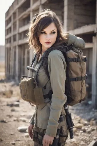 a woman stalker, gas mask and a backpack on his back, metal parts in a backpack in a abandoned urban landscape,ammo,servicewomen,servicewoman,warfighter,civilian,multicam,fatigues,bulletgirl,aghanista