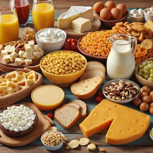 Plasticine creation of a table with lots of dairy foods on it,cheese platter,cheese plate,cheese spread,food table,food platter,foods,food collage,foodstuffs,carbohydrate,breakfast buffet,typical food