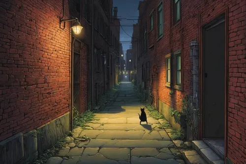 Illustrate a semi realistic scene showcasing intrigue in a dimly lit urban alleyway.,alley,alleyway,rescue alley,old linden alley,narrow street,alley cat,blind alley,cartoon video game background,nigh