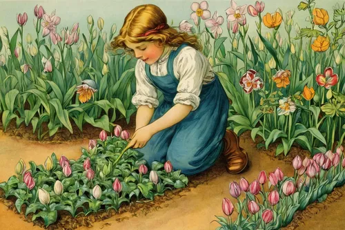 'Planting Bulbs'. Anne Anderson illustration scanned from 'The Gillyflower Garden Book', c1915.,picking vegetables in early spring,girl picking flowers,picking flowers,tulips,tulips field,tulip field,