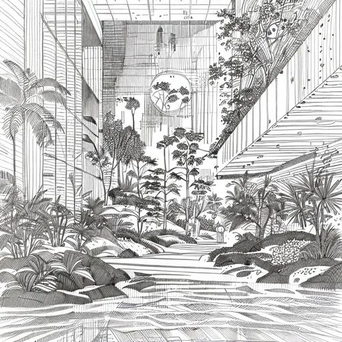 koi pond,aqua studio,aquarium,palm house,diamond lagoon,zen garden,greenhouse,japanese zen garden,greenhouse cover,garden elevation,aquariums,garden of plants,conservatory,tropical house,hand-drawn illustration,pond plants,aviary,futuristic landscape,pan pacific hotel,lagoon,Design Sketch,Design Sketch,Fine Line Art