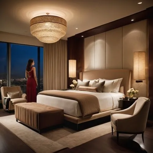 elegant woman looking at window,there is a room with a big bed and a nice light above it,swissotel,modern room,great room,sleeping room,intercontinental,rotana