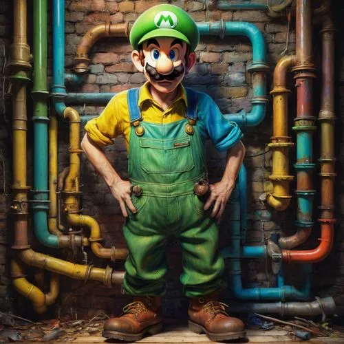 Realistic Luigi, mustache, green cap, blue overalls, yellow shirt, brown shoes, slender figure, comical expression, surprised face, hands on hips, standing, pipes, mushroom kingdom, bright colors, det