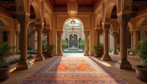 inside courtyard,amanresorts,quasr al-kharana,qasr al watan,la kasbah,marrakech,persian architecture,moroccan pattern,courtyard,alhambra,kasbah,mamounia,qasr al kharrana,marble palace,marrakesh,mihrab,deruta,khaneh,dolmabahce,royal interior,Photography,General,Realistic