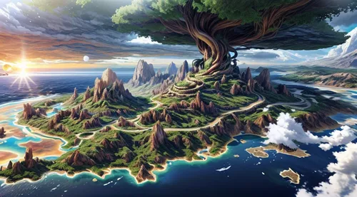 fantasy landscape,fantasy world,fantasy picture,3d fantasy,an island far away landscape,tree of life,mushroom island,fairy world,flying island,cartoon video game background,dream world,celtic tree,island of fyn,mountain world,floating island,magic tree,the island,bird kingdom,aeolian landform,fantasy art