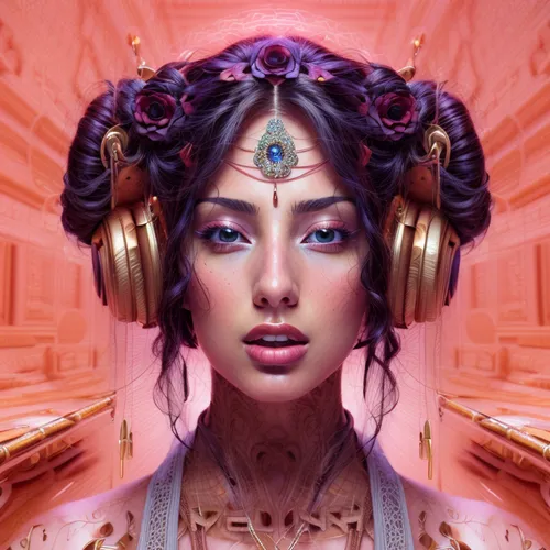 music player,meridians,audiophile,lakshmi,priestess,crown chakra,psychedelic art,kundalini,listening to music,biomechanical,audio player,yogananda,transcendence,cleopatra,sacred lotus,electronic music,sacred geometry,cyberpunk,headphone,cybernetics