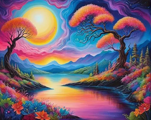 colorful tree of life,art painting,dreamscape,dream art,colorful background,mushroom landscape,nature landscape,boho art,harmony of color,dmt,vibrantly,landscape background,vibrancy,fantasy landscape,oil painting on canvas,fantasy art,painting technique,purple landscape,indigenous painting,dreamscapes,Illustration,Realistic Fantasy,Realistic Fantasy 37