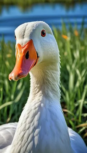 White goose, fluffy feathers, orange beak, bright inquisitive eyes, standing, green grass, lake shore, sunny day, clear blue sky, few clouds, gentle breeze, soft lighting, shallow depth of field, cine