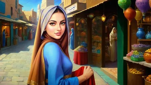 Romantic masterpiece oil painting, cute girl portrait, nostalgic 1950's style kitsch, breathtaking beautiful landscape, majestic scenery, Middle Eastern bazaar, Arabian marketplace, highly detailed, h