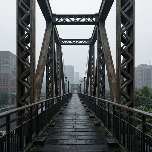 Rustic steel bridges, industrial metallic textures, brutalist architectural style, exposed concrete pillars, geometric latticework, minimalist railings, weathered steel cables, suspension systems, dra