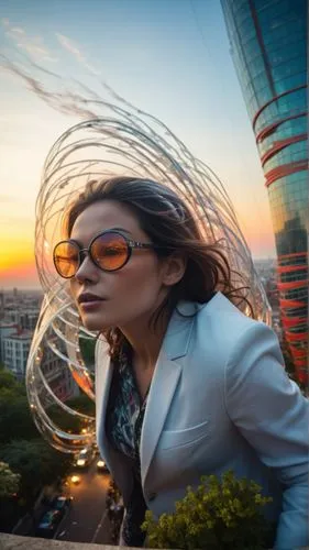 In a surreal landscape, a fierce-looking figure with glowing lines gazes out from behind a moss-covered wall. Sweat drips down her face as she wears a flowing suit and a pair of thick-framed glasses. 