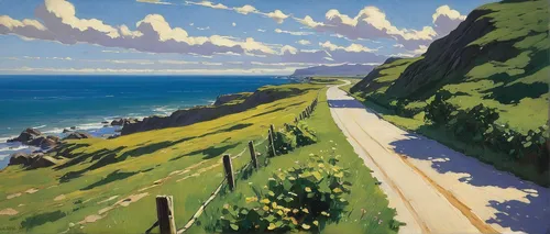 Describe a peaceful road leading to the serene sea.,pacific coast highway,coastal road,highway 1,the road to the sea,great ocean road,cliff coast,tamarama,punakaiki,pacific coastline,gower,coastal lan