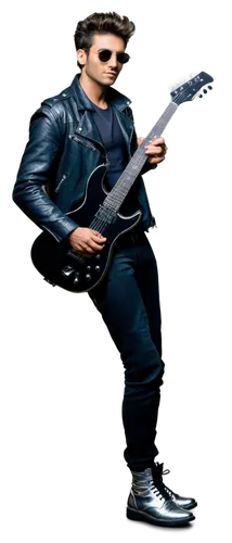 Rockstar, male, confident pose, wild hairstyle, sunglasses, leather jacket, black jeans, silver boots, holding electric guitar, standing on one leg, leaning backwards, dramatic lighting, spotlight shi