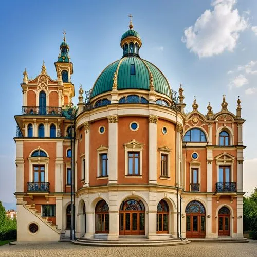 a large multi colored building with towers and domes,chernivtsi,mirogoj,gracanica,szeged,debrecen,keszthely,potsdam,baroque monastery church,subotica,tsaritsyno,teplice,bialystok,czestochowa,czech bud