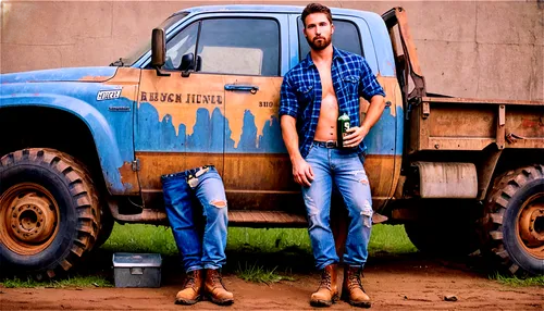 Dirty redneck man, muscular build, messy brown hair, thick beard, rugged face, sunburned skin, plaid shirt, ripped blue jeans, muddy boots, holding a beer can, leaning against a rusty truck, 3/4 compo