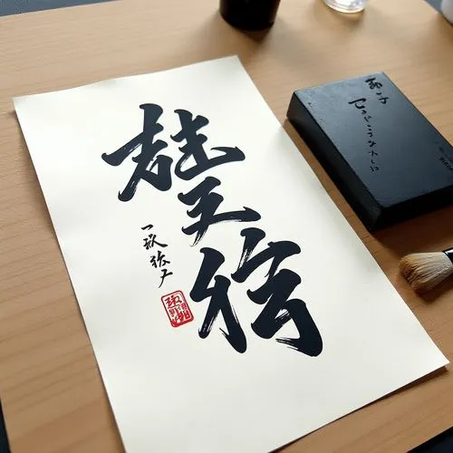 A piece of paper with East Asian calligraphy inked in black and an ink stone with brushes above it on the right side.,an oriental writing on a white paper is displayed on a wooden table with ink, brus