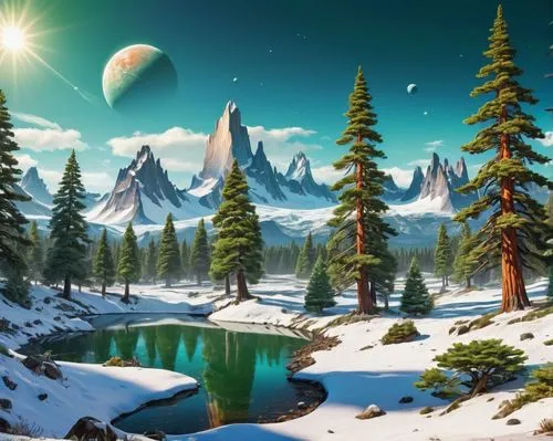 landscape background,ice planet,christmas snowy background,fantasy landscape,winter background,snowy mountains,coniferous forest,christmas landscape,salt meadow landscape,cartoon video game background,snow landscape,nature background,snowy landscape,spruce forest,terraformed,snowy peaks,fantasy picture,mountainous landscape,fir forest,alien planet,Conceptual Art,Sci-Fi,Sci-Fi 20