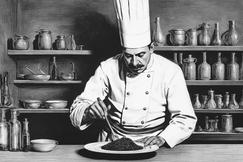 Write a scene where a chef experiments with a unique marinade recipe in a high-end restaurant's kitchen.,chef's uniform,chef's hat,chef,cookery,aligot,men chef,black plates,chief cook,chef hat,enrico 