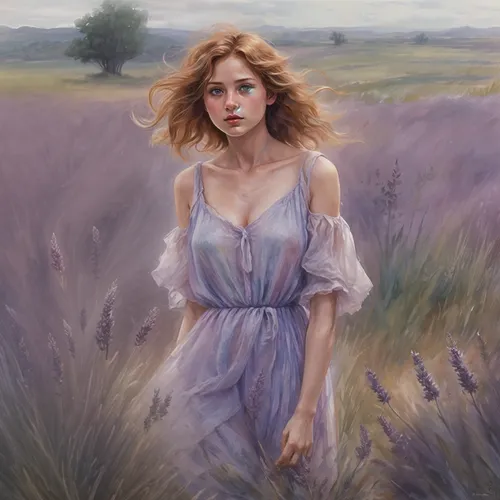 heatherley,donsky,meadow in pastel,la violetta,lavender field,in the tall grass,lavender fields,prairie,khnopff,the lavender flower,meadow,fantasy portrait,grasses in the wind,purple landscape,shepherdess,lavender,lavender blush,violetta,girl in the garden,behenna