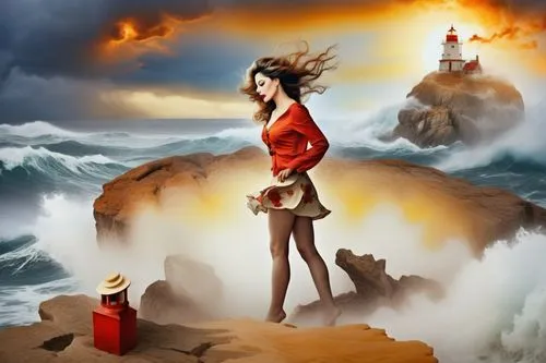 A beautiful young woman with fair skin and beautiful blonde hair blowing in the wind in a floral skirt shirt standing on a small wooden pier in the middle of a raging storm, a huge sailing ship caught