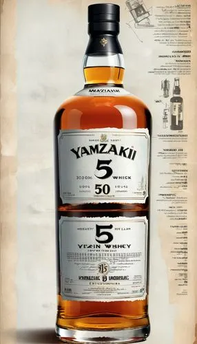 an industrial design sketch of a beautiful Yamazaki 50-Year-Old whiskey ancient whisky bottle, movie poster advertising (construction plan) modern style with some advertising notices,  frozen effect, 