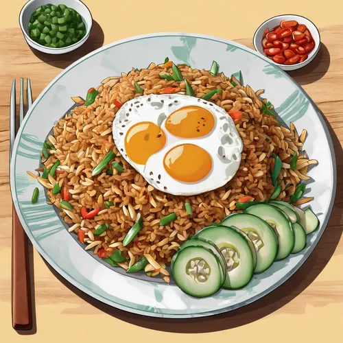 nasi goreng,mie goreng,yakisoba,thai fried rice,yeung chow fried rice,rice with minced pork and fried egg,special fried rice,kimchi fried rice,bibimbap,rice with fried egg,fried rice,indomie,singapore-style noodles,prawn fried rice,egg wrapped fried rice,noodle bowl,katsudon,indonesian dish,naengmyeon,korean cuisine,Illustration,Japanese style,Japanese Style 07