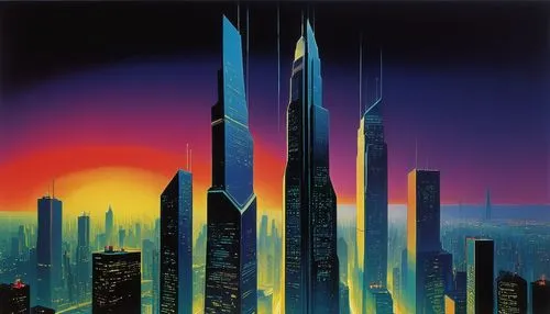 Futuristic GSG (Galactic Space Government) architecture, sleek and modern skyscraper, towering high-rise building, angular and geometric shapes, metallic materials, neon lights, holographic advertisem